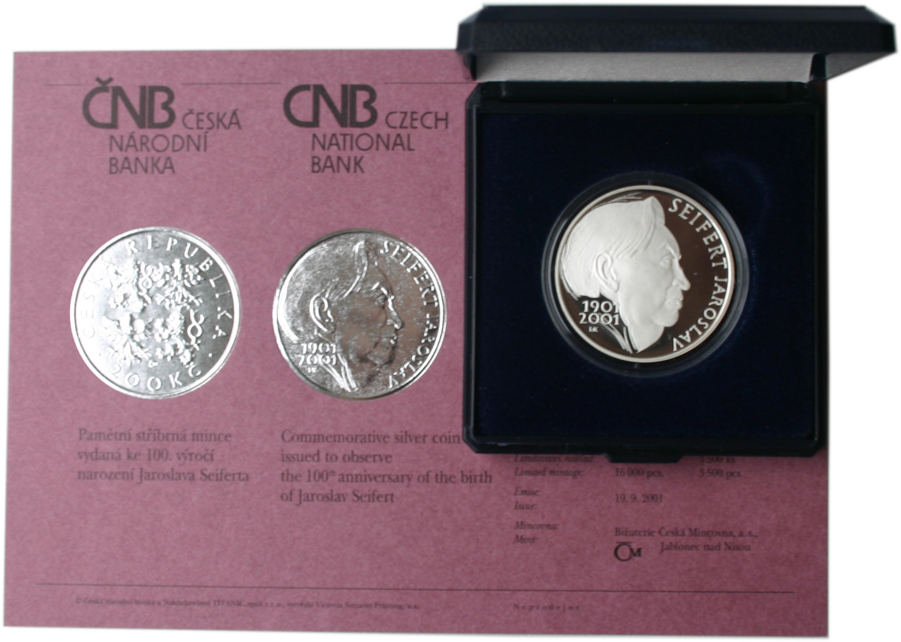 Stříbrná mince 200 Kč Jaroslav Seifert 100. výročí narození 2001 Proof