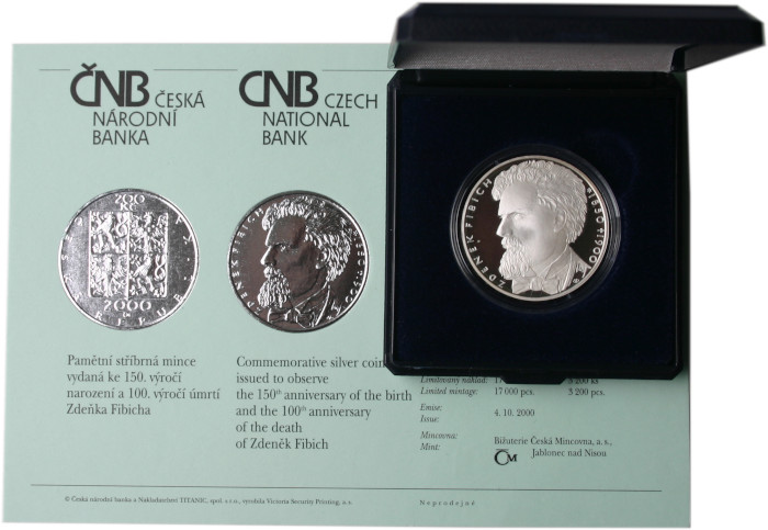 Stříbrná mince 200 Kč Zdeněk Fibich 150. výročí narození a 100. výročí úmrtí 2000 Proof 