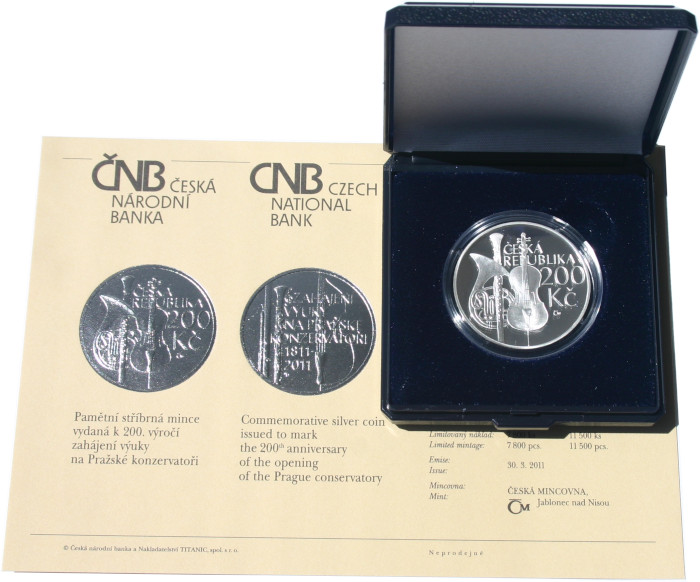 Stříbrná mince 200 Kč Zahájení výuky na pražské konzervatoři 200. výročí 2011 Proof 