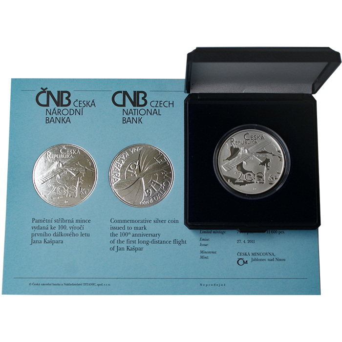 Stříbrná mince 200 Kč První veřejný let Jana Kašpara 100. výročí 2011 Proof 