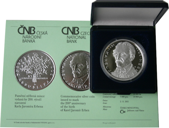 Stříbrná mince 500 Kč Karel Jaromír Erben 200. výročí narození 2011 Proof