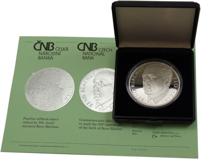 Stříbrná mince 500 Kč  Beno Blachut 100. výročí narození 2013 Proof