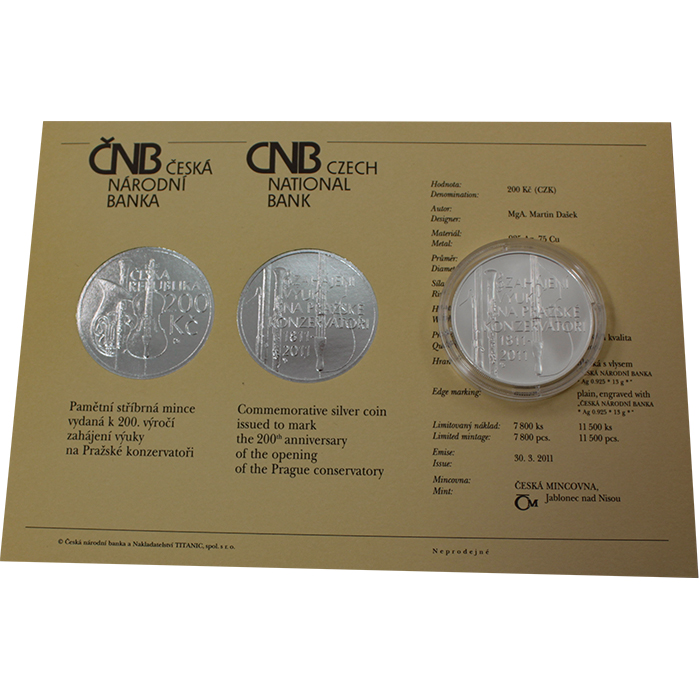 Stříbrná mince 200 Kč Zahájení výuky na pražské konzervatoři 200. výročí 2011 Standard 
