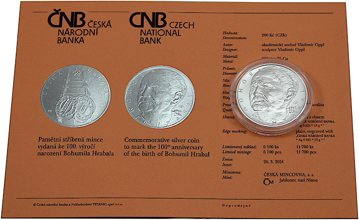 Stříbrná mince 200 Kč Bohumil Hrabal 100. výročí narození 2014 Standard 