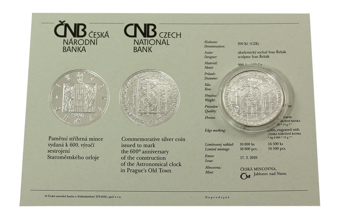 Stříbrná mince 200 Kč Sestrojení Staroměstského orloje 600. výročí 2010 Standard