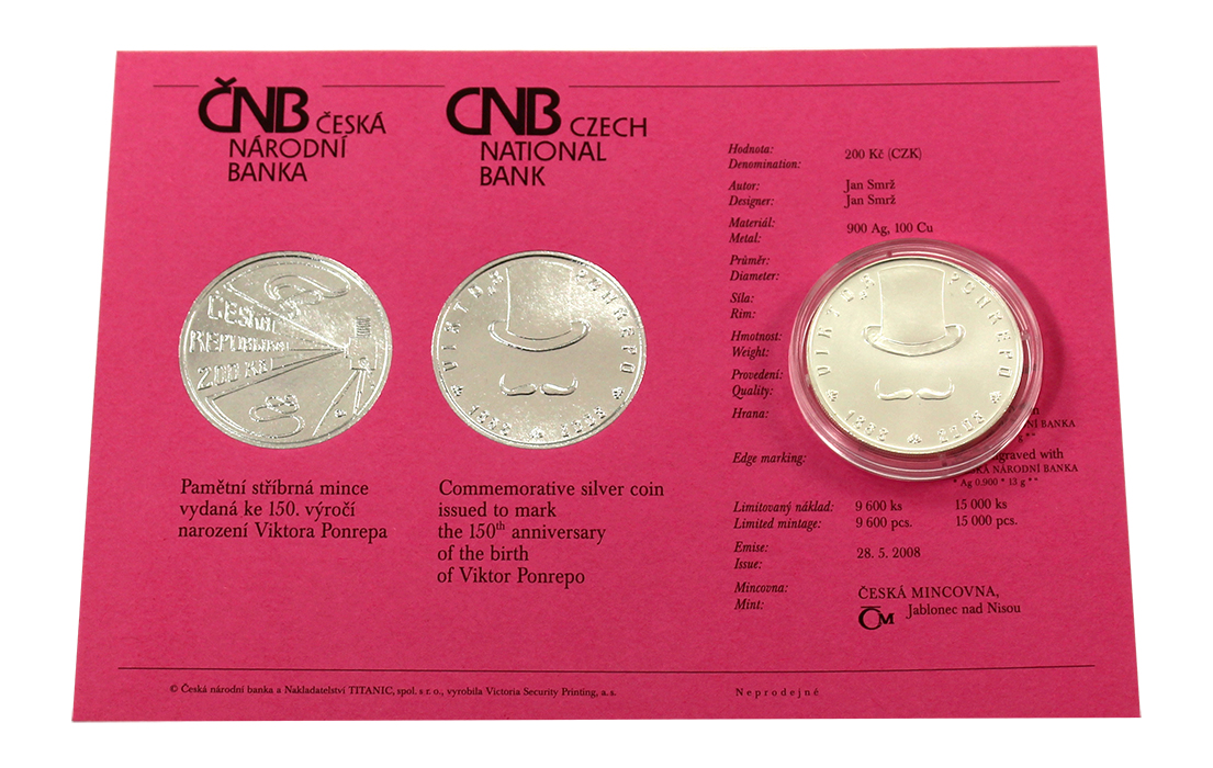 Stříbrná mince 200 Kč Viktor Ponrepo 150. výročí narození 2008 Standard