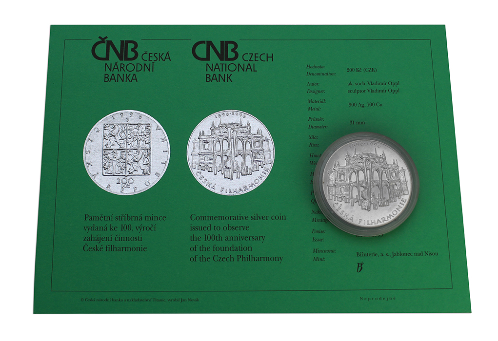 Stříbrná mince 200 Kč Zahájení činnosti České filharmonie 100. výročí 1995 Standard