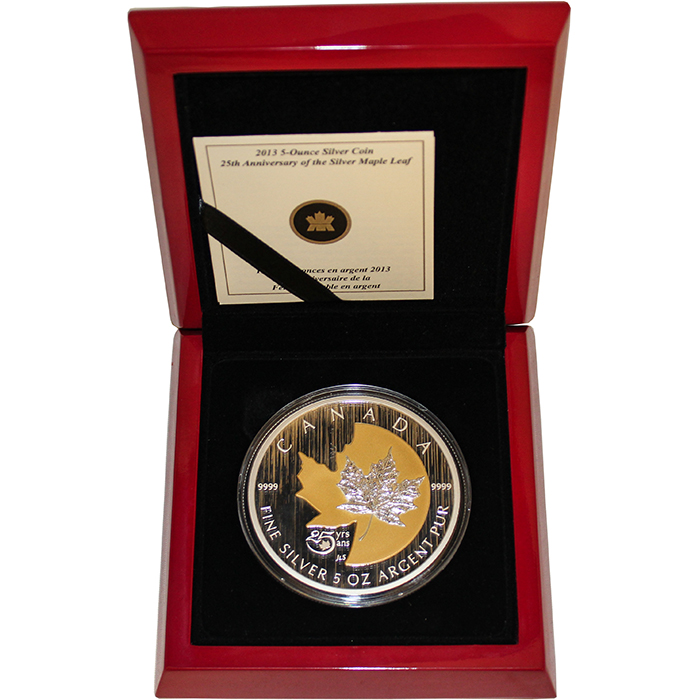 Stříbrná mince pozlacený 5 Oz Maple Leaf 25. výročí 2013 Proof (.9999) 