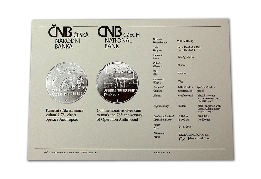 Stříbrná mince 200 Kč Operace Anthropoid 75. výročí 2017 Proof