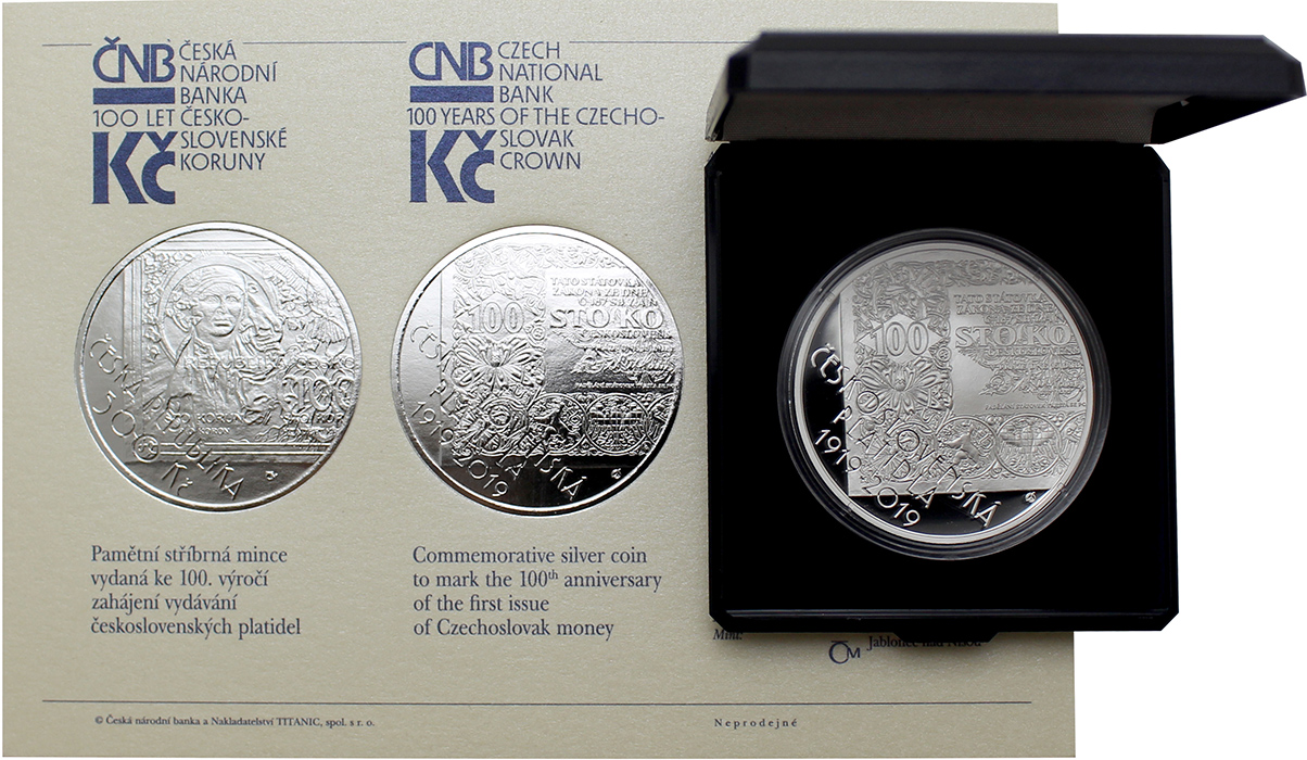 Stříbrná mince 500 Kč Zahájení vydávání československých platidel 100. výročí 2019 Proof