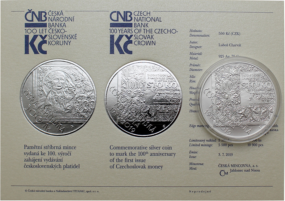 Stříbrná mince 500 Kč Zahájení vydávání československých platidel 100.výročí 2019 Standard