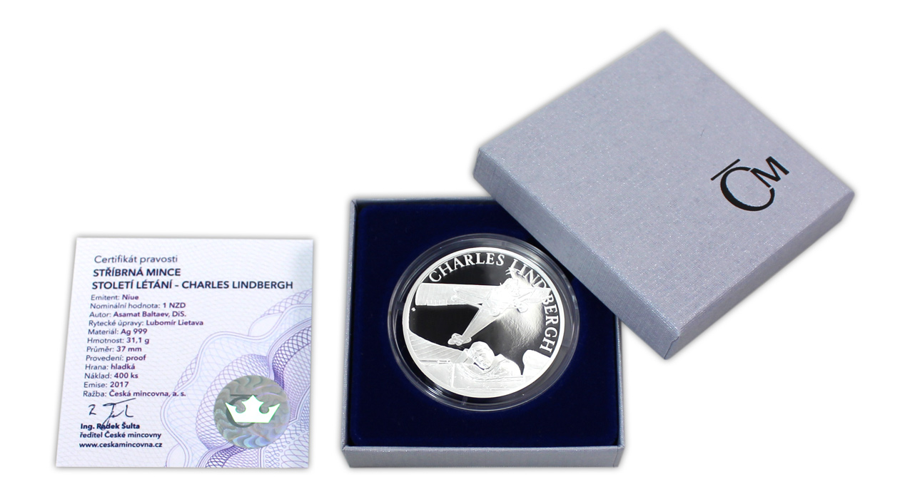 Stříbrná mince Století létání - Charles Lindbergh 2017 Proof