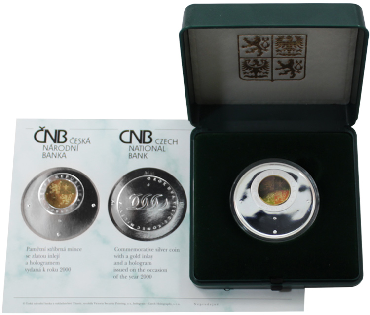 Stříbrná mince 2000 Kč se zlatou inlejí a hologramem Konec tisíciletí 1999 - leštěné pole