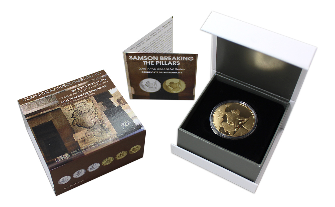 Zlatá minca Samson v chráme Pelištejcov 10 NIS Izrael Biblické umenie 2016 Proof