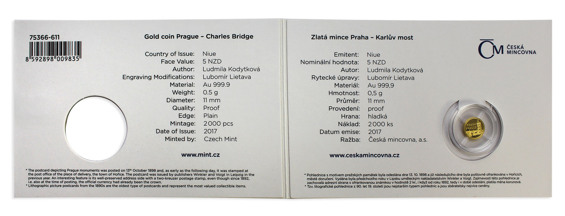 Zlatá mince Praha – Karlův most 2017 Proof