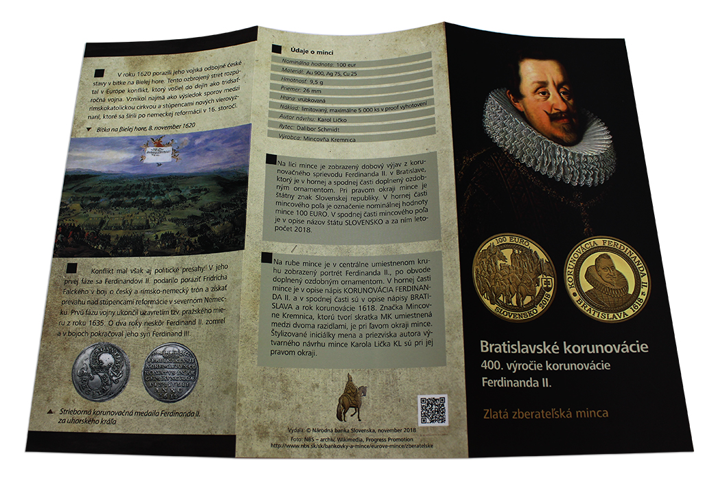 Zlatá mince Bratislavské korunovace - 400. výročí korunovace Ferdinanda II. 2018 Proof