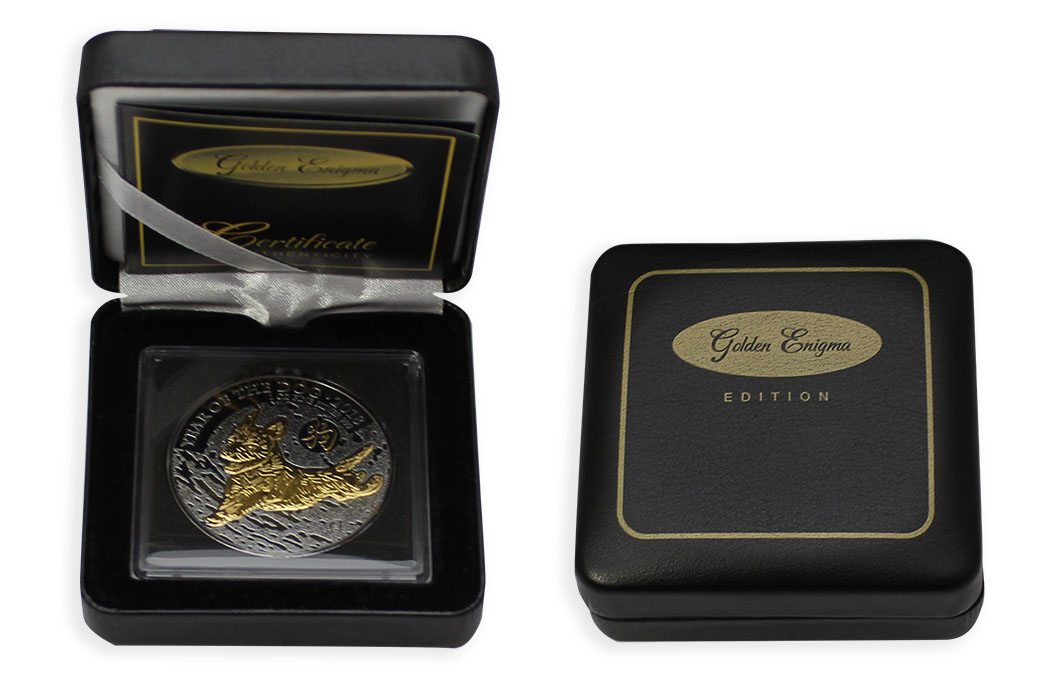 Stříbrná Ruthenium mince pozlacený Rok Psa Lunární The Royal Mint 1 Oz Golden Enigma 2018 
