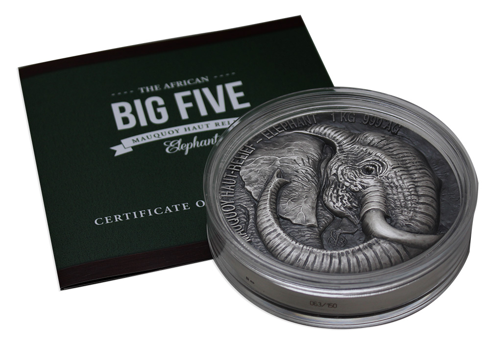 Stříbrná mince 1 Kg Slon The African Big Five High Relief 2018 Antique Standard