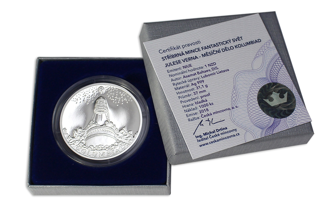Stříbrná mince Fantastický svět Julese Verna - Měsíční dělo Kolumbiad 2018 Proof