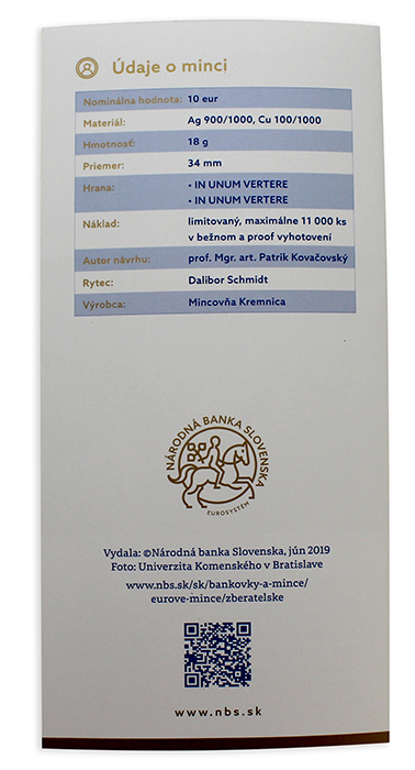 Stříbrná mince Univerzita Komenského v Bratislavě - 100. výročí vzniku 2019 Proof
