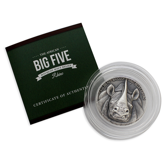 Strieborná minca 5 Oz Nosorožec The African Big Five High Relief 2019 Antique Standard