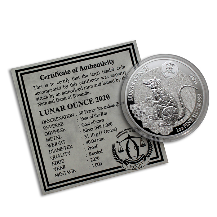 Stříbrná mince 1 Oz Rok Krysy Rwanda 2020 Proof