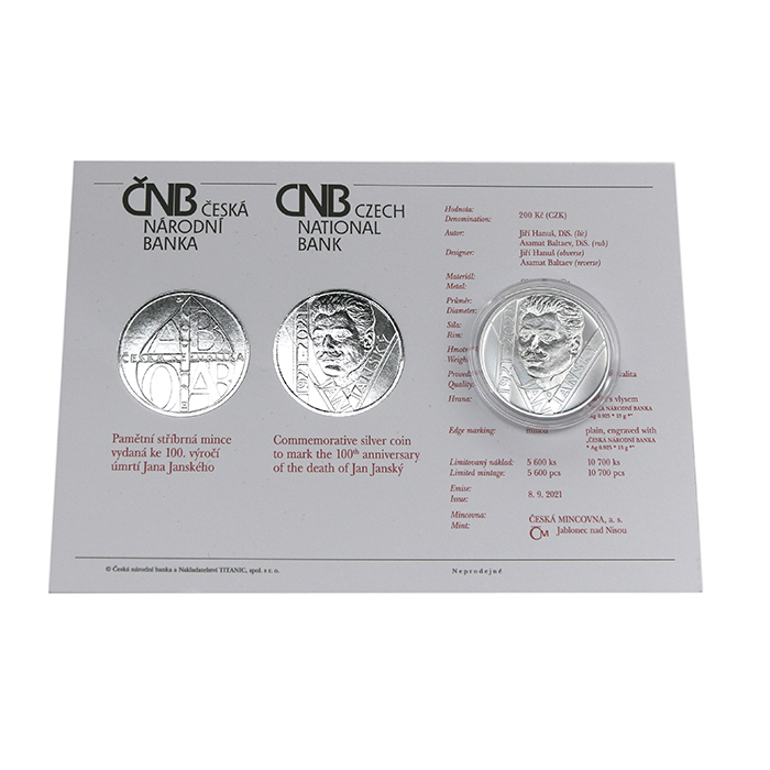 Stříbrná mince 200 Kč Jan Janský 100. výročí úmrtí 2021 Standard
