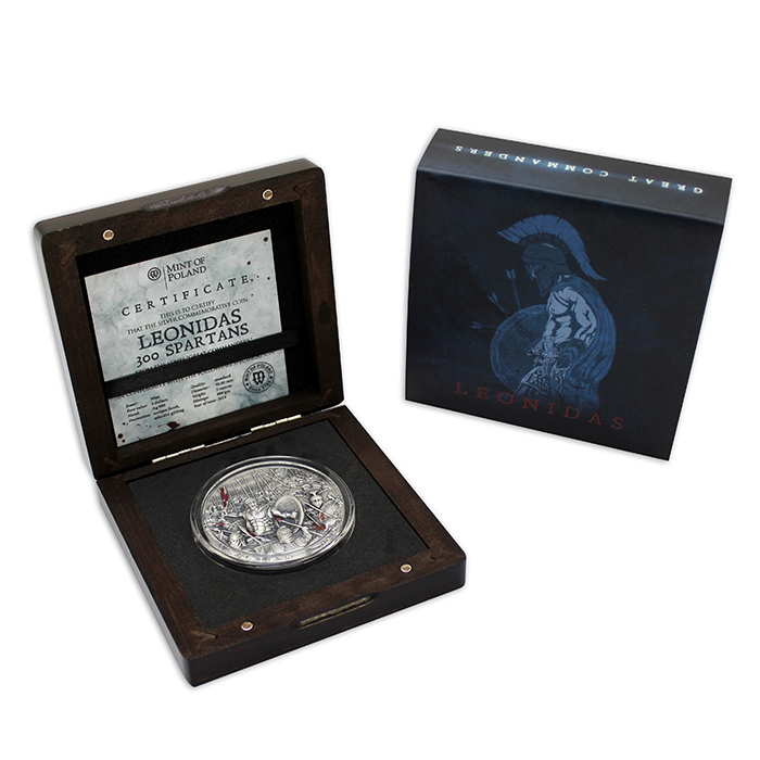 Stříbrná mince Velcí vojevůdci - Leonidas 2 Oz High Relief 2019 Antique Standard
