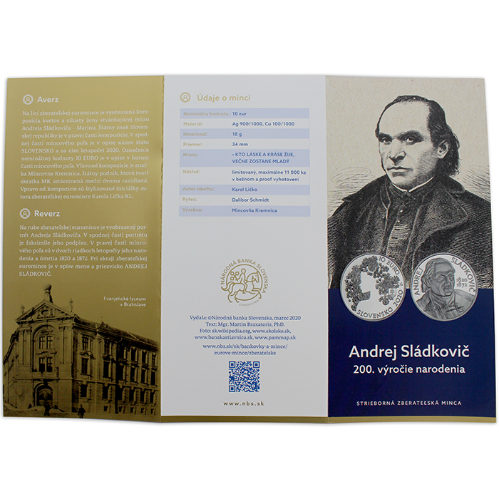 Stříbrná mince Andrej Sládkovič - 200. výročí narození 2020 Proof