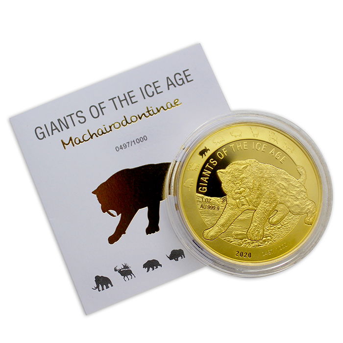 Zlatá investiční mince Obři doby ledové - Šavlozubý tygr 1 Oz 2020