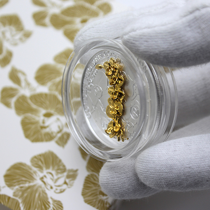 Strieborná minca Golden Flower Collection - zlatá 3D orchidea 1 Oz 2021 Proof