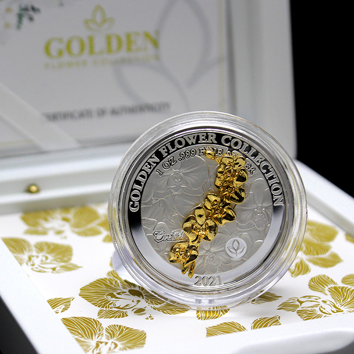 Stříbrná mince Golden Flower Collection - zlatá 3D orchidea 1 Oz 2021 Proof