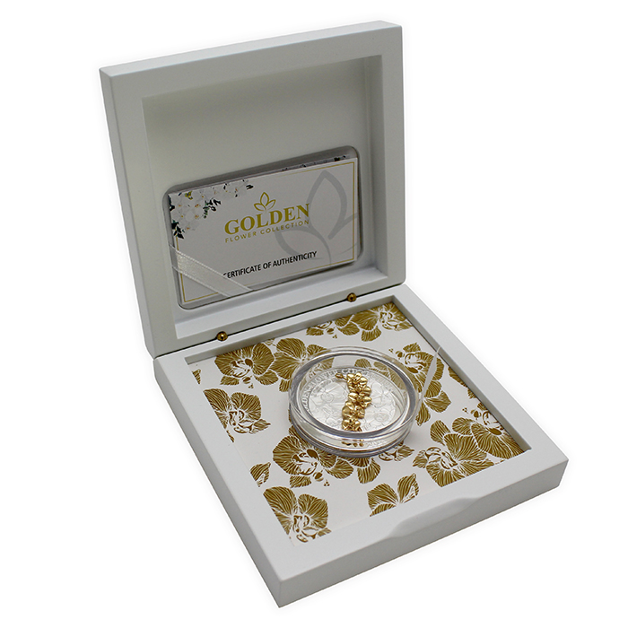 Stříbrná mince Golden Flower Collection - zlatá 3D orchidea 1 Oz 2021 Proof