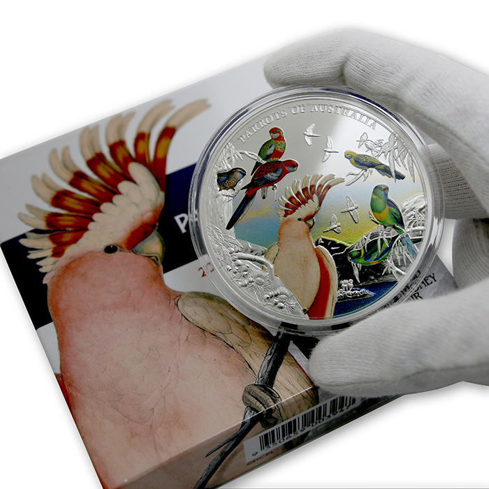 Strieborná kolorovaná minca 5 Oz Papagáje Austrálie 2021 Proof