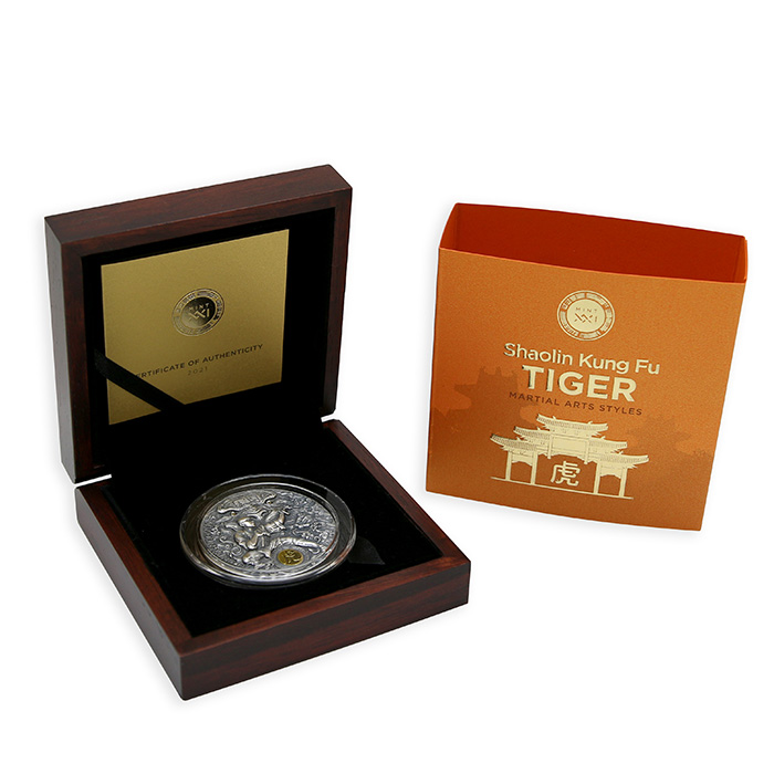Stříbrná mince Shaolin Kung-fu - Tygr 2 Oz 2021 Antique Standard