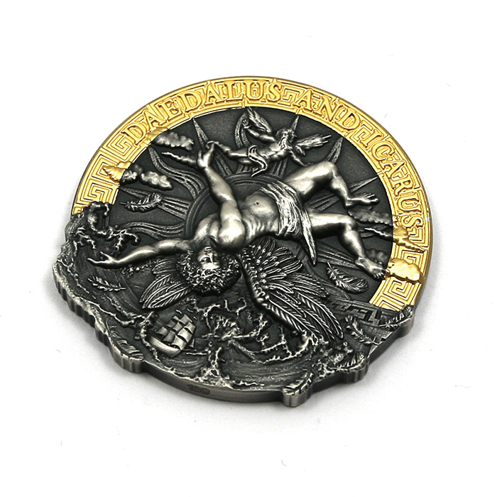 Stříbrná pozlacená mince Mytologie - Daidalos a Ikaros High Relief 2 Oz 2021 Antique Standard
