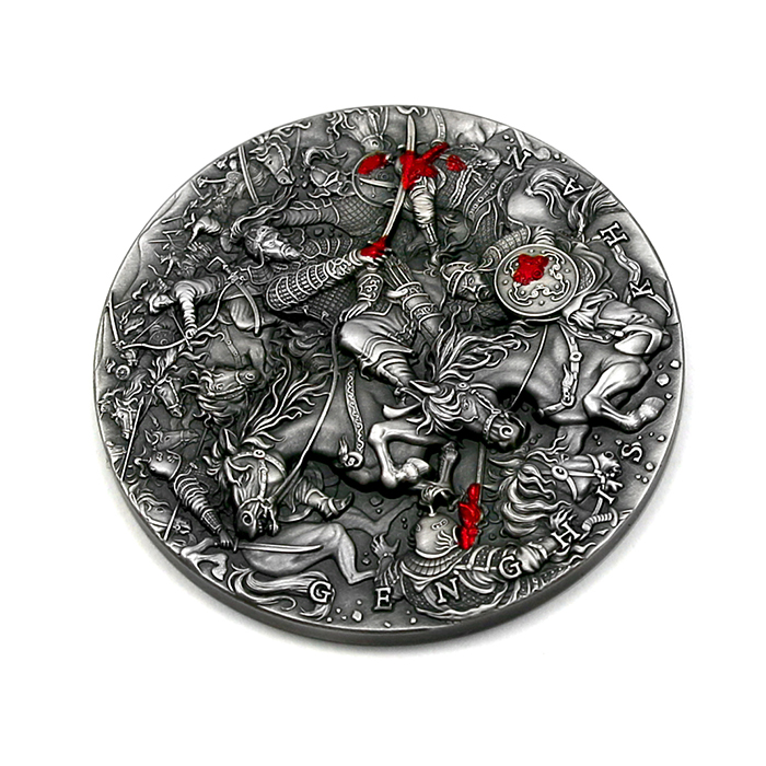 Stříbrná mince Velcí vojevůdci - Čingischán 2 Oz High Relief 2021 Antique Standard