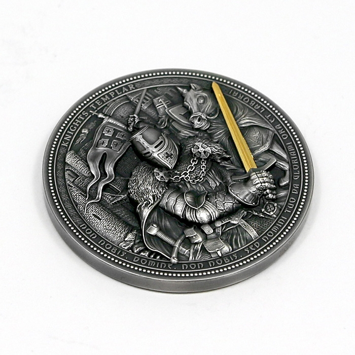 Stříbrná pozlacená mince Assassins - Knights Templar 2 Oz High Relief 2021 Antique Standard