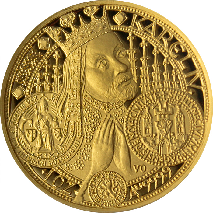 Přední strana Zlatá minca 10000 Kč KAREL IV. Nové Město Pražské 1998 Proof