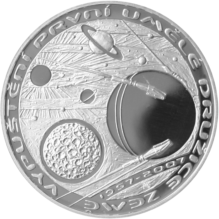 Přední strana Strieborná minca 200 Kč Vypusteniu prvnej umelej družice  Zeme  50. výročie  2007 Proof