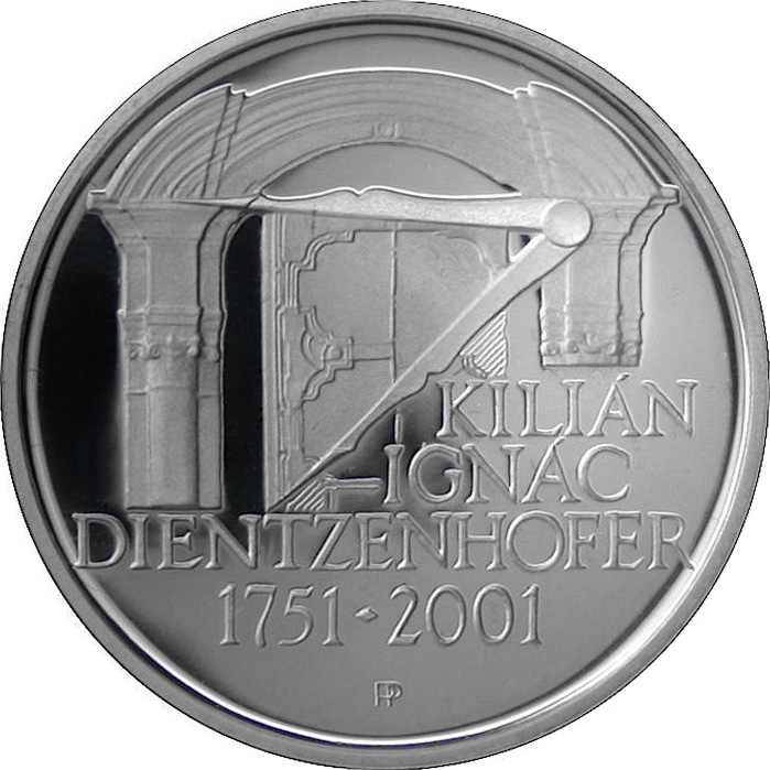 Přední strana Strieborná minca 200 Kč Kilián Ignác Dientzenhofer 250. výročie úmrtia 2001 Proof 