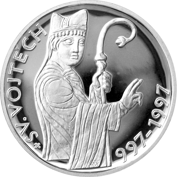 Přední strana Stříbrná mince 200 Kč Sv. Vojtěch 1000. výročí úmrtí 1997 Proof
