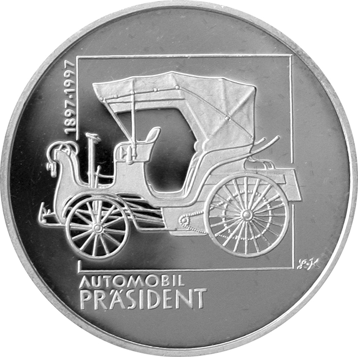 Přední strana Stříbrná mince 200 Kč První osobní automobil ve střední Evropě 100. výročí 1997 Proof