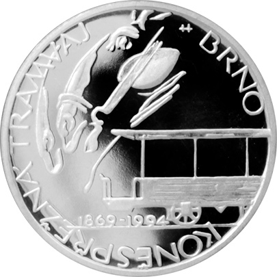 Přední strana Strieborná minca 200 Kč Zahájenie provozu  I. koňmipriahnutej tramvaje 125. výr.1994 Proof