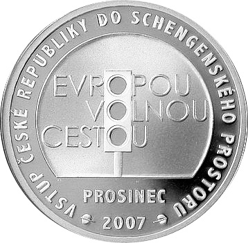 Přední strana Stříbrmá medaile Vstup ČR do Schengenského prostoru 2008 Proof