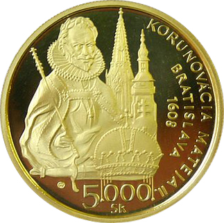 Přední strana Zlatá minca Matyáš Habsburský Matej II. Korunovácia 400. Výročie 2008