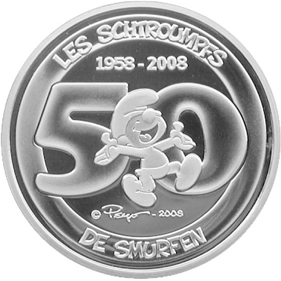 Přední strana Stříbrná mince Šmoulové 50. výročí 2008