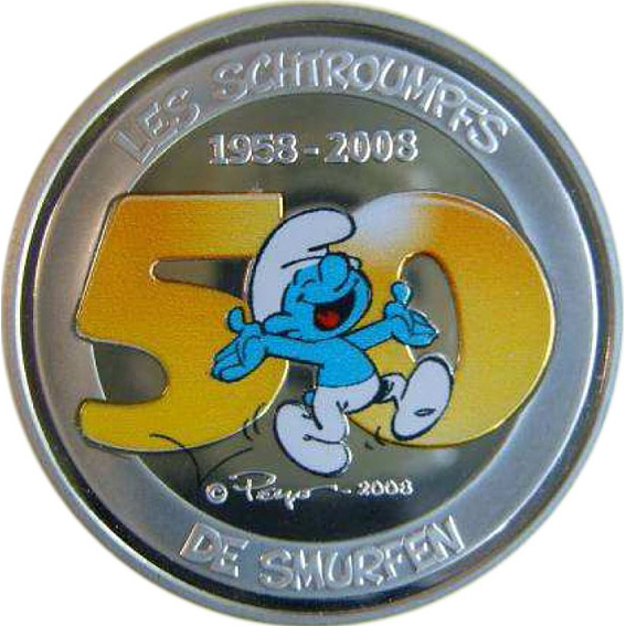 Stříbrná mince Šmoulové kolorovaná 50. výročí 2008 Proof