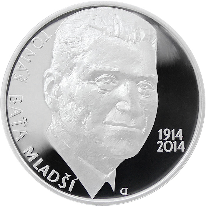 Přední strana Strieborná minca 200 Kč Tomáš Baťa ml. 100. výročie narodenia 2014 Proof