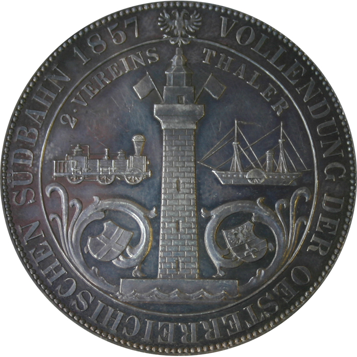 Stříbrná mince Dvoutolar spolkový Jižní dráha František Josef I. 1857